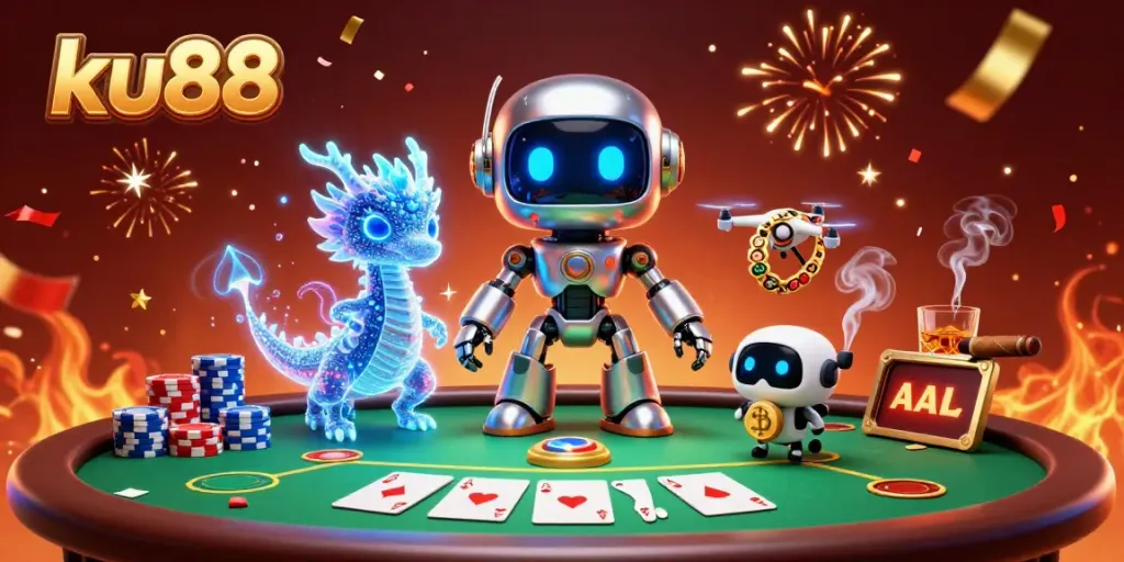 Engage with ku88 at the vibrant casino scene showcasing poker elements and a unique digital vibe.