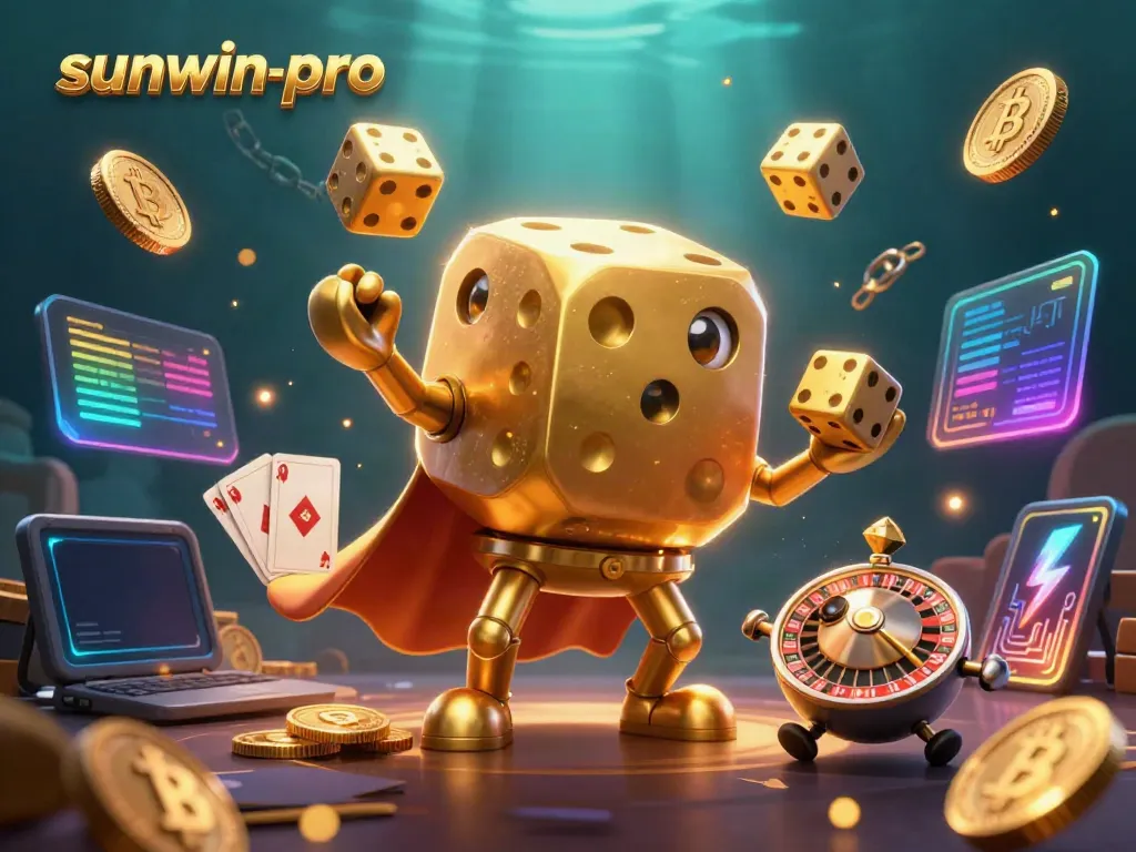Engage with sunwin-pro's vibrant casino scene, showcasing golden dice and cryptocurrency elements.