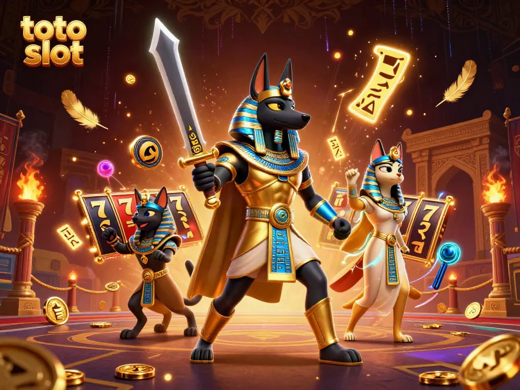 Engage with thrilling toto slot experiences through an animated Egyptian warrior battling for jackpots.