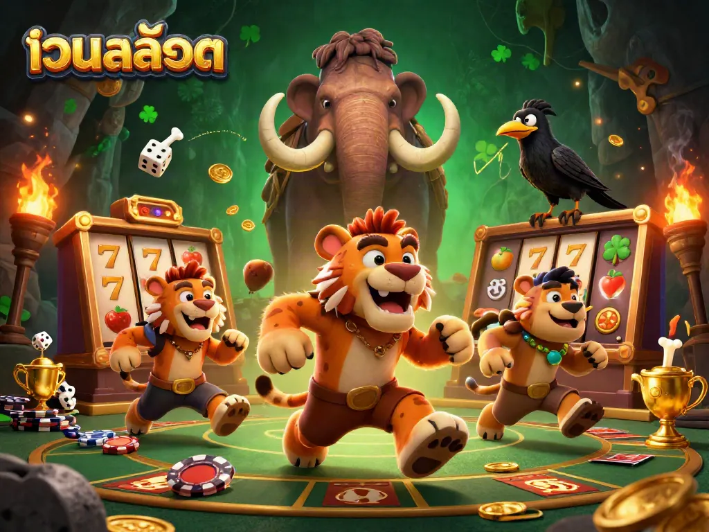 Engage in เว็บสล็อต with a lively prehistoric casino scene featuring dynamic slot reels and characters.