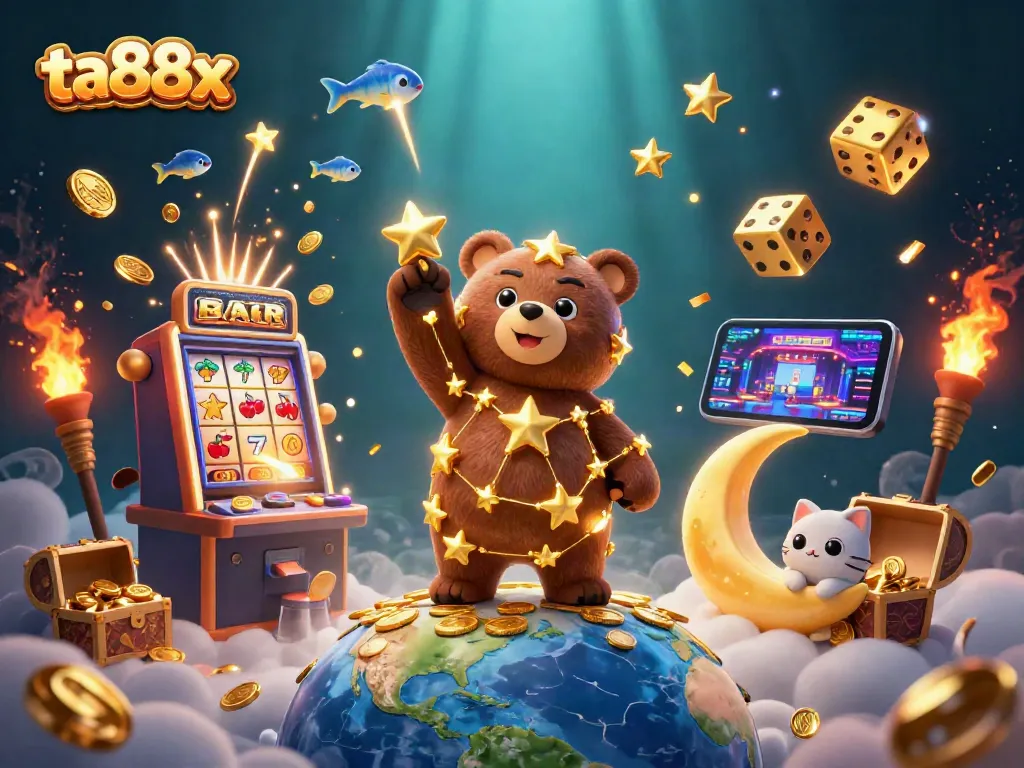 Engage with ta88x for a thrilling online casino experience featuring vibrant illustrations of slot machines and dynamic game elements.