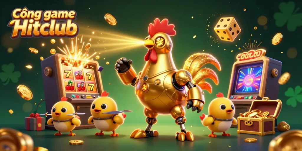 Engage with the Cổng game Hitclub illustrated scene featuring a futuristic rooster robot and vibrant casino gaming elements.