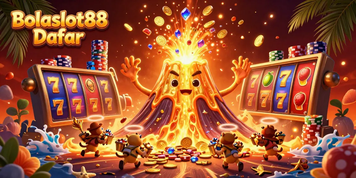Bolaslot88 Daftar showcases thrilling adventures with golden volcano, treasure, and vibrant slots.