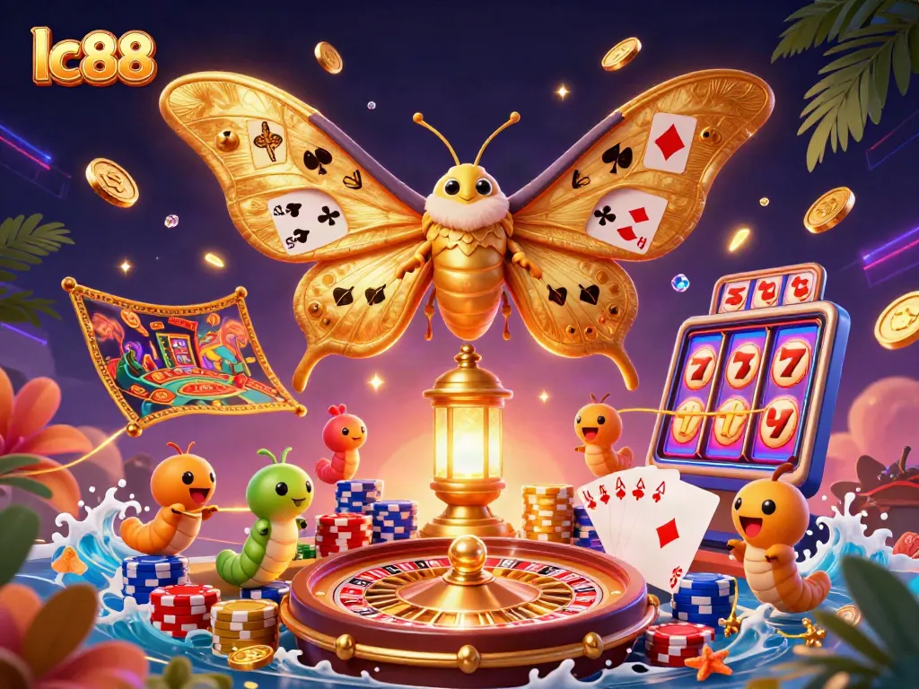 Engage with lc88 as golden coins cascade from an atlas moth amidst thrilling casino elements.