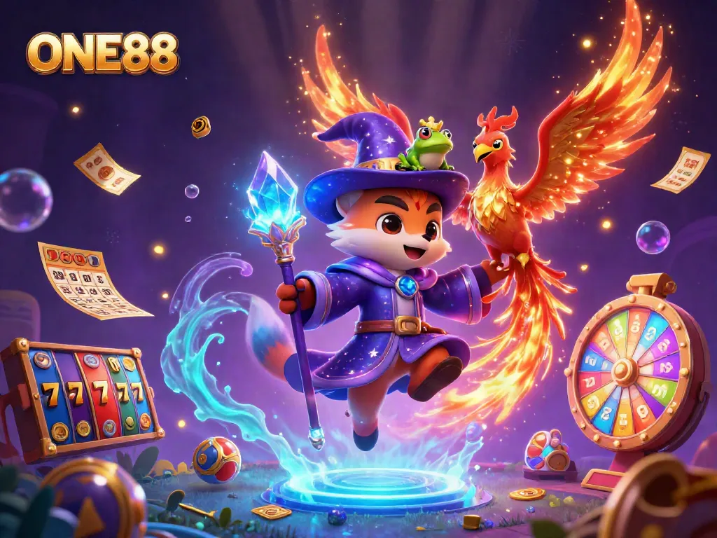 Engage with ONE88's vibrant casino world featuring slot reels, jackpots, and dynamic magical elements.