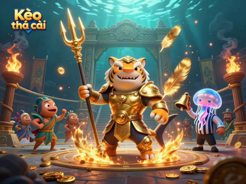 Wagering on Kèo nhà cái with a fierce shark gladiator at a vibrant underwater arena.