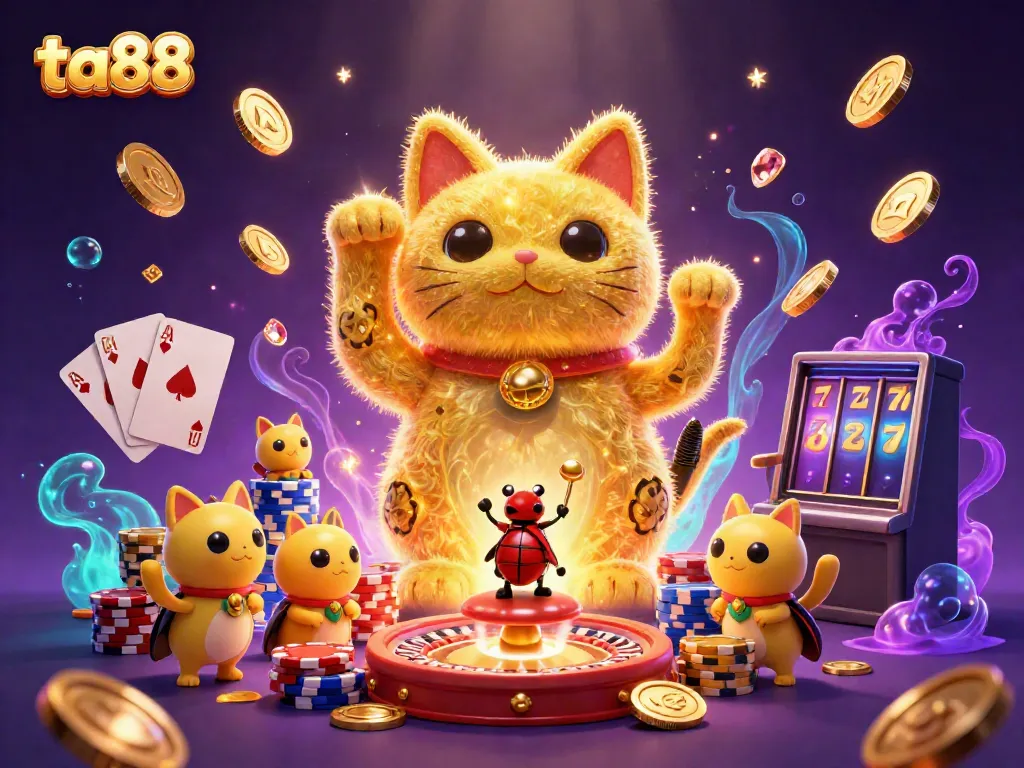 Experience winning moments at TA88 Casino with a vibrant lucky cat and magical symbols.