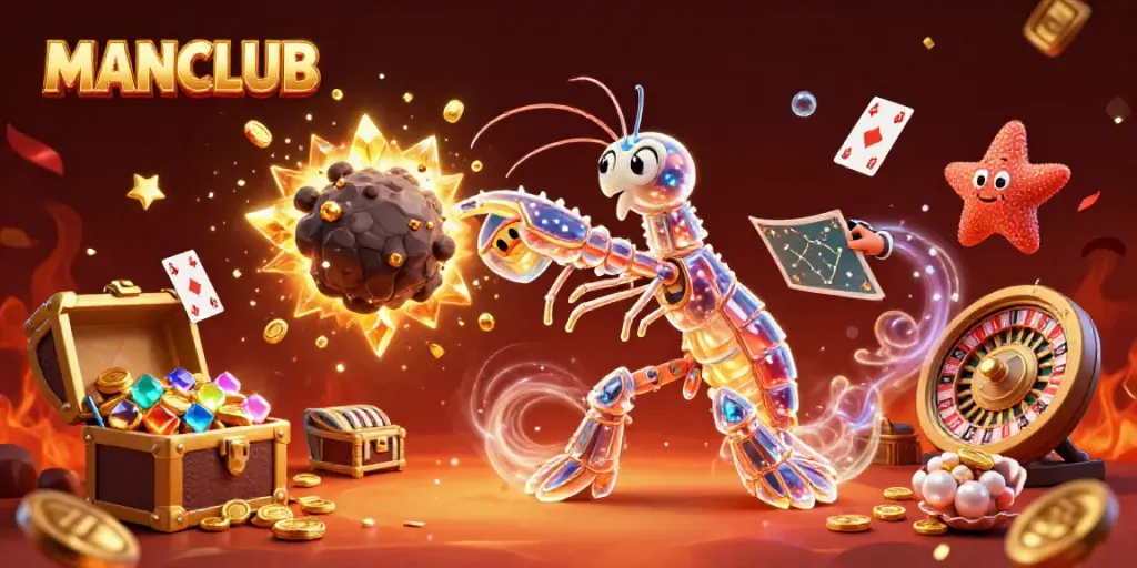 Engage in the thrilling MANCLUB casino experience with dynamic characters battling for gold amidst shimmering treasures.