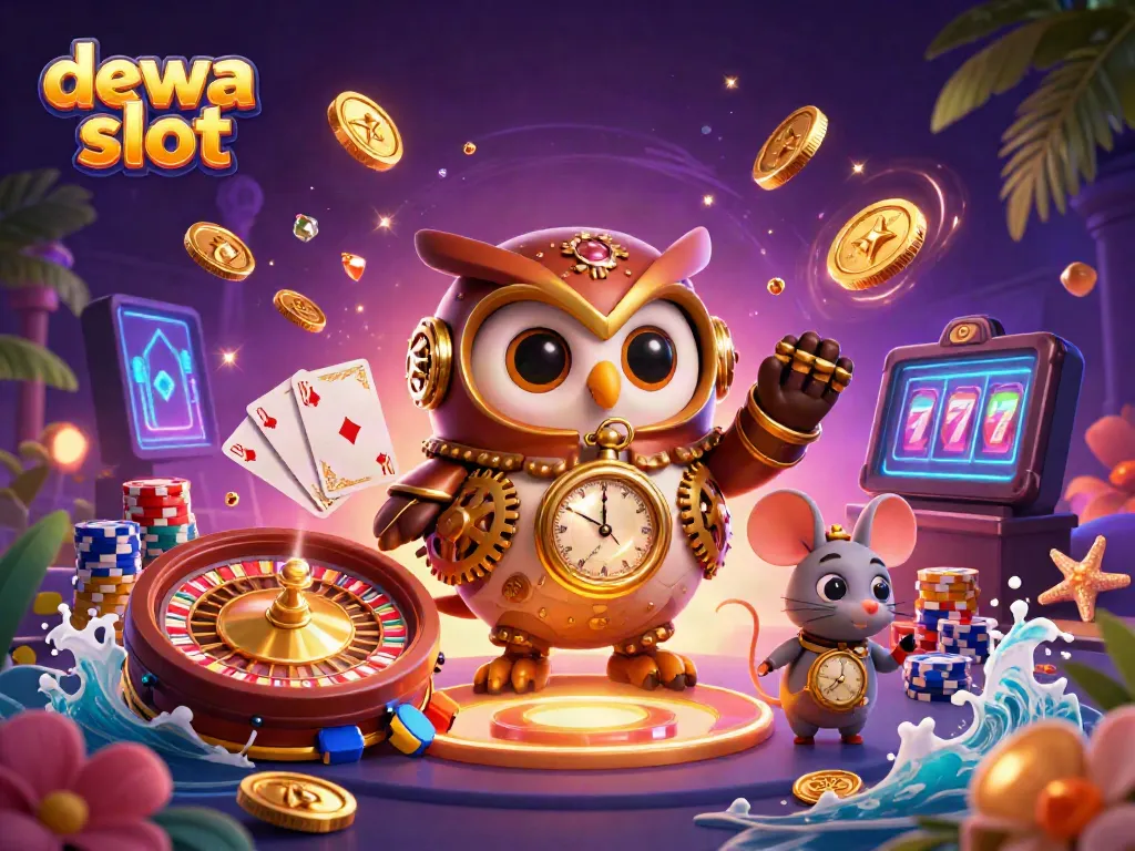 Experience the excitement of dewa slot gaming with a whimsical 3D illustration featuring casino elements and characters.