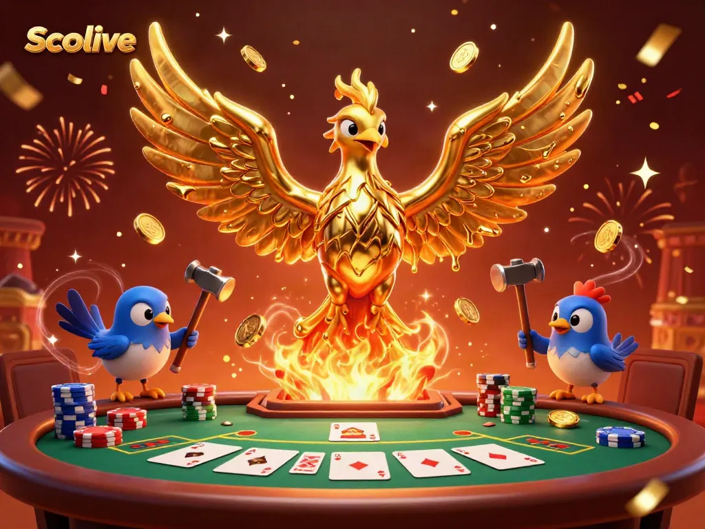 Socolive showcases a vibrant 3D phoenix and sparrows at a poker table celebrating wins with dynamic gold coins and festive effects.
