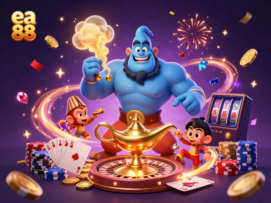 Experience winning action with the ea 88 genie, vibrant colors, and casino treasures.