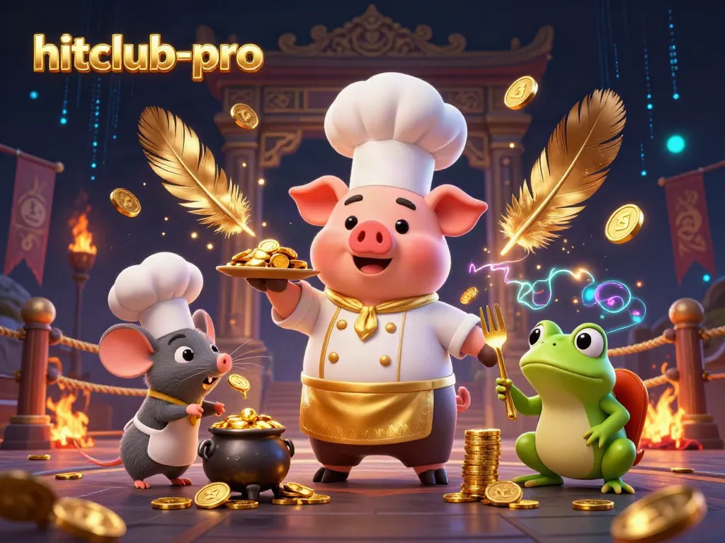 Engage with hitclub-pro, featuring a chef pig serving gold coins in a vibrant casino scene.