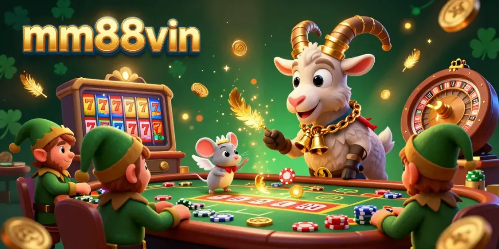 Engage in festive gaming chaos with mm88vin's lively online casino, featuring a whimsical Krampus goat.
