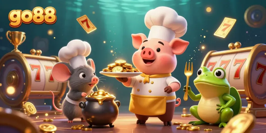 Experience thrilling gameplay at go88 with an engaging scene of a chef pig offering gold coins, surrounded by vibrant casino elements.