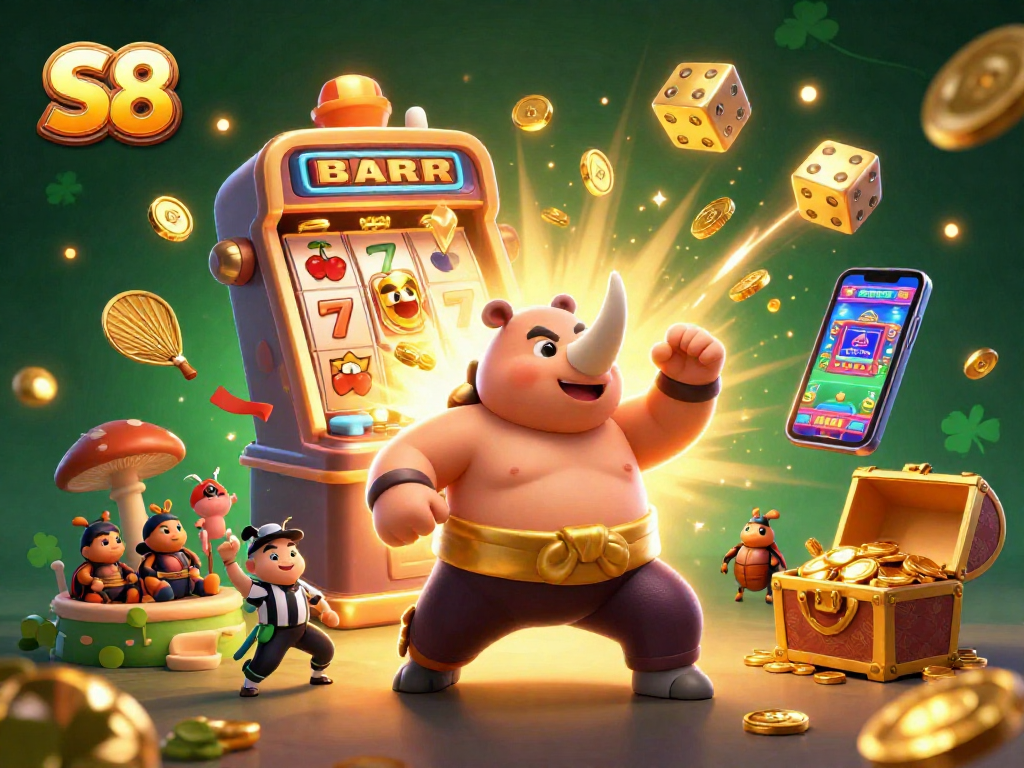 Experience the thrilling S8 casino with a vibrant illustration featuring a sumo beetle champion amidst a jackpot explosion.