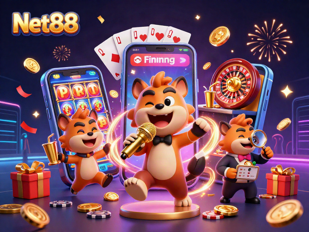 Experience the lively Net88 casino with hyenas entertaining guests, surrounded by thrilling gambling elements.