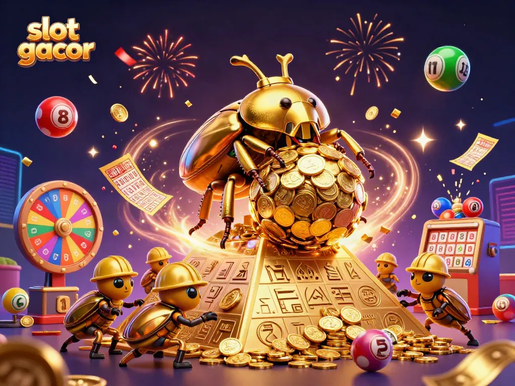 Experience the thrill of slot gacor with golden coins and lively lottery elements in a vibrant casino scene.