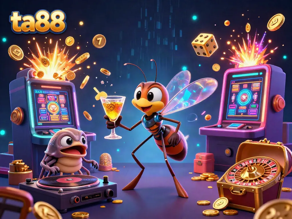 Experience ta88's vibrant online gaming world with an energetic casino scene featuring unusual characters and dazzling effects.