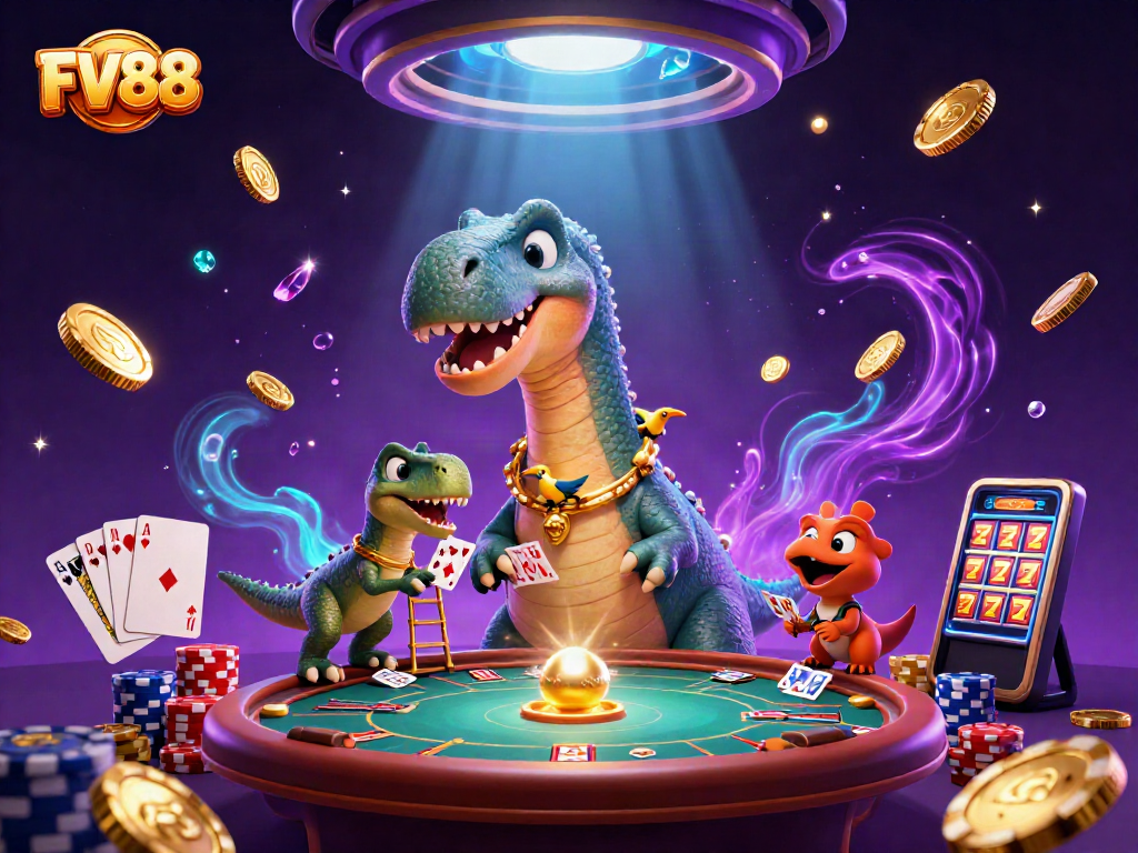 FV88 showcases a whimsical casino scene with lively characters dealing cards amidst vibrant game elements.