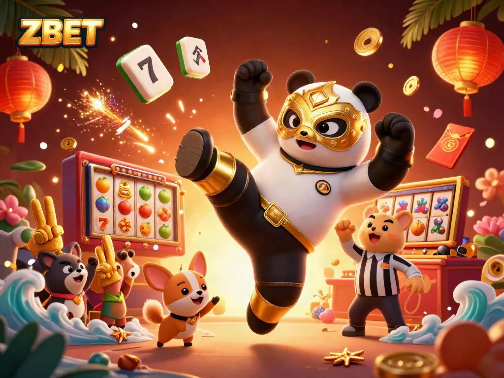 ZBET features a lively 3D cartoon scene with a panda wrestler and animal fans celebrating a slot jackpot.