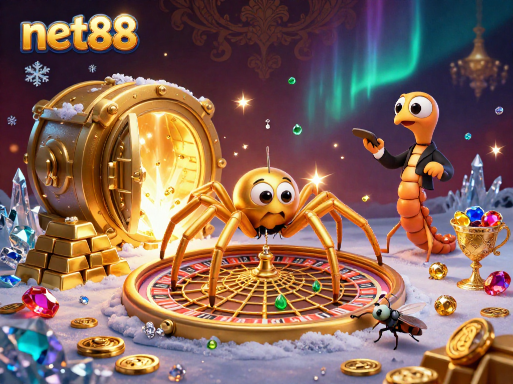 Betting nervously at net88's roulette wheel in a dazzling 3D casino scene with treasures.