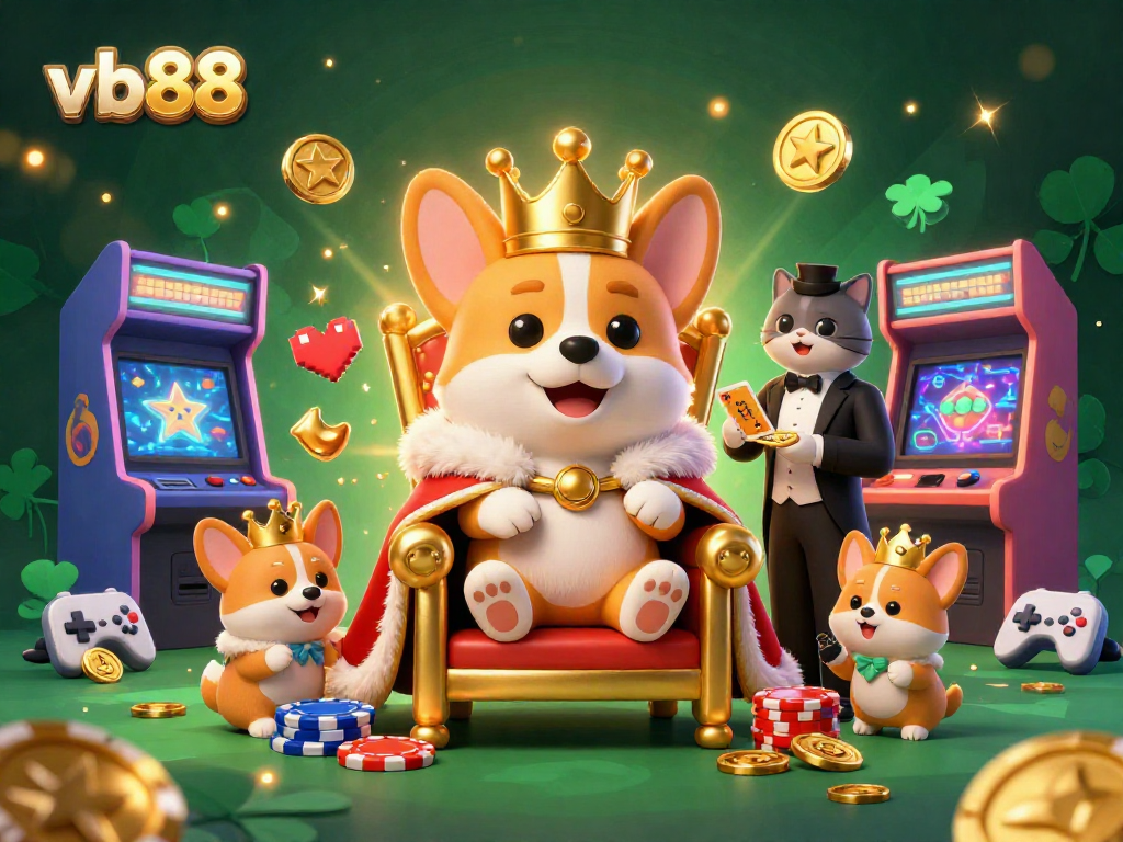Experience thrilling gameplay at vb88 with a royal corgi on throne, golden card deck in a vibrant casino.