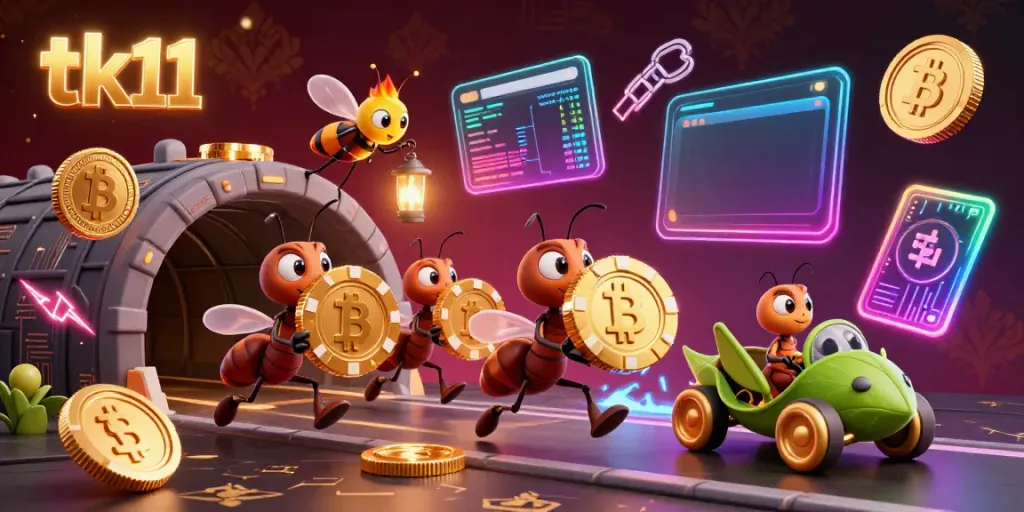 tk11 themed illustration with cartoon ants heisting a giant poker chip amidst glimmering crypto elements.