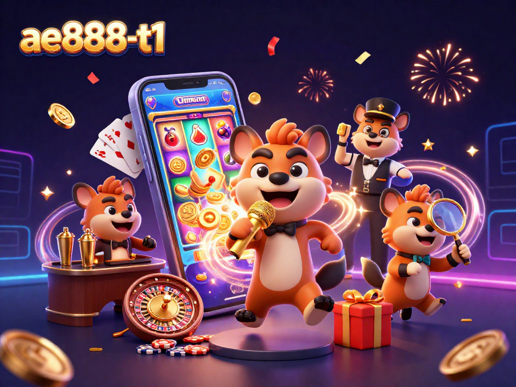 Engage with ae888-t1 as hyenas entertain in a vibrant casino scene filled with festive elements.