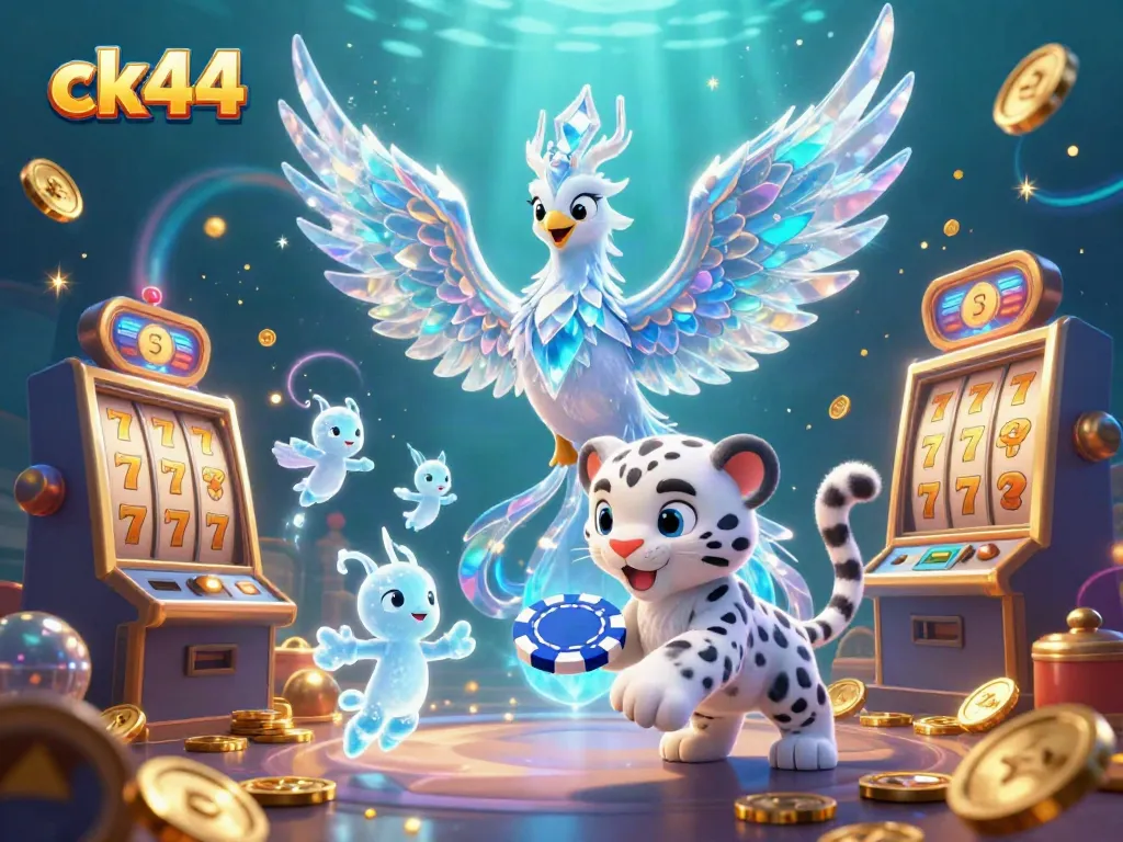 Engagingly play with ck44's dynamic slots scene featuring an ice phoenix and vibrant gaming elements.
