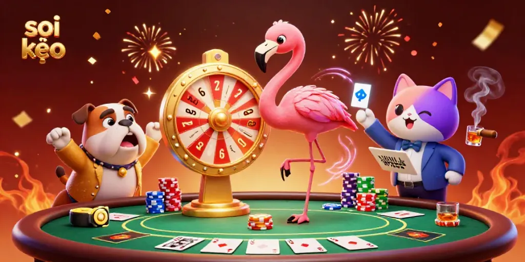 Experience soi kèo thrills with a lively 3D scene featuring festive casino elements and characters.