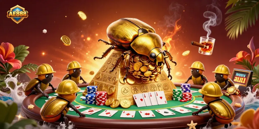 Play dynamic casino games at AE888, with golden beetles and rich poker elements creating excitement.