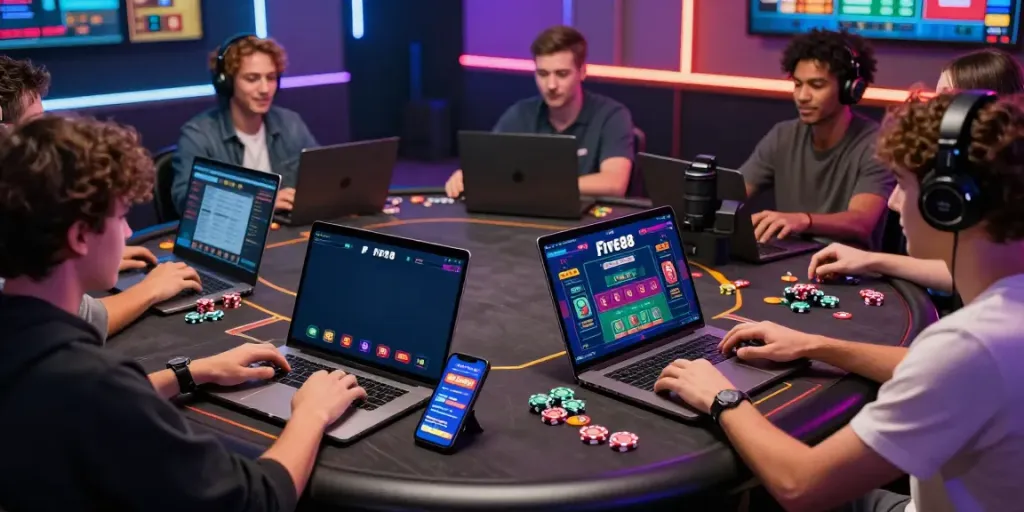 Players enjoying the Five88 gaming platform with vibrant graphics and multiple devices.