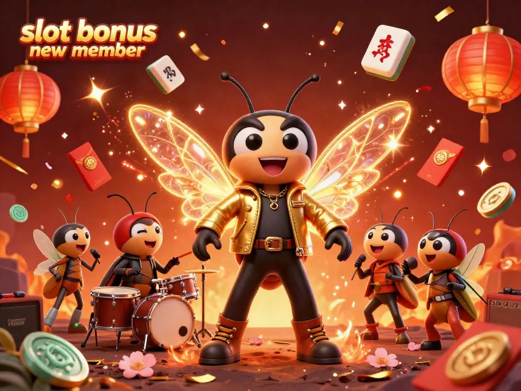 Experience the excitement of the slot bonus new member with a joyous 3D casino celebration featuring vibrant stars, musicians, and festive elements.