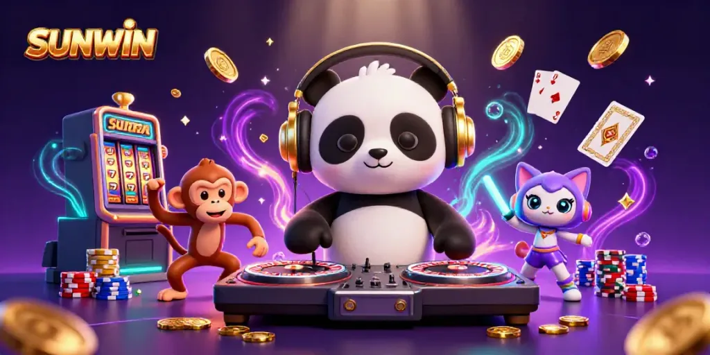 SUNWIN showcasing a vibrant casino scene with a DJ panda, dancing monkey, and lively kitten, surrounded by coins and slots.