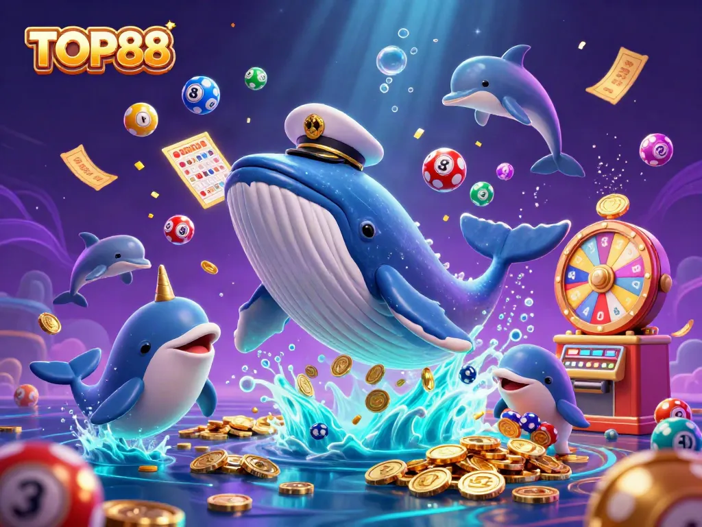 Engage with TOP88's immersive casino spirit, featuring vibrant characters among dazzling coins and prizes.