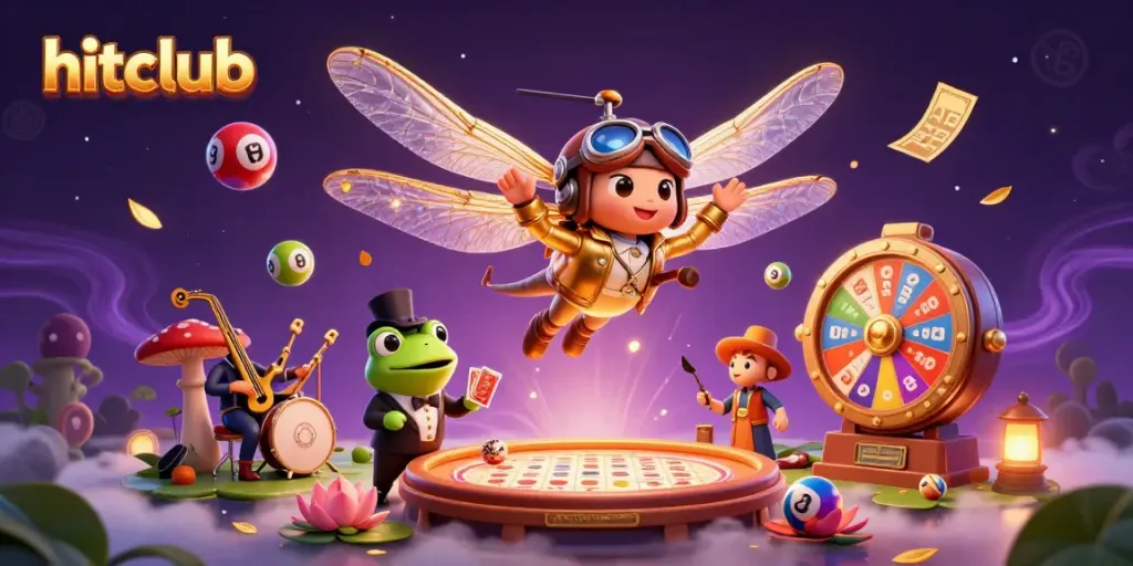 Experience hitclub's vibrant casino world with a whimsical dragonfly pilot and lively frog croupier.