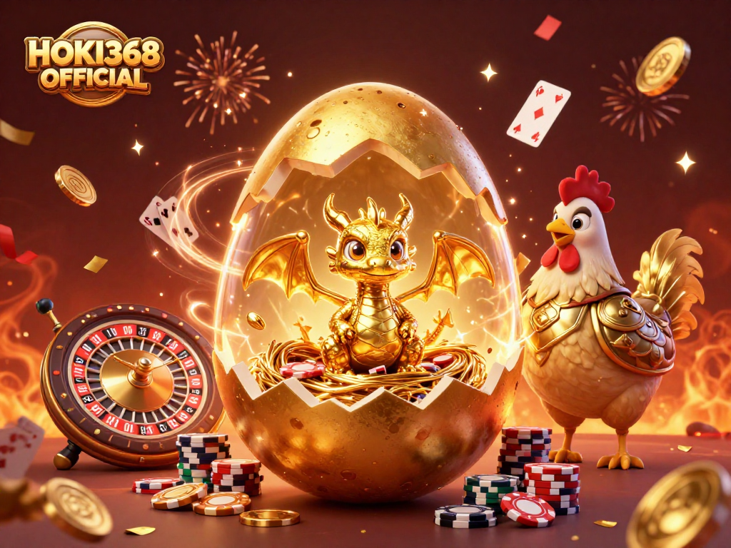 Experience the thrill of HOKI368 OFFICIAL with a golden dragon and poker chips, surrounded by casino elements.