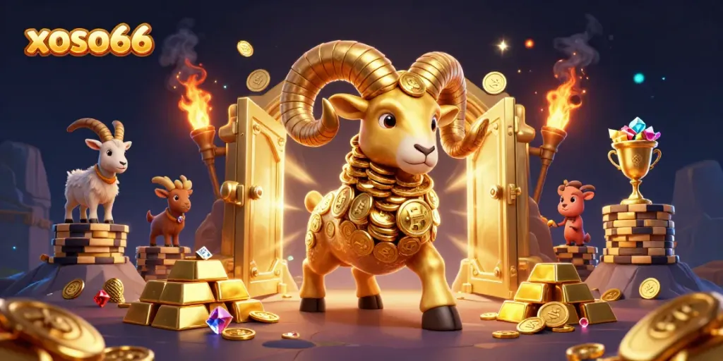 Visualize xoso66 with a golden ram charging through a treasure vault, rich with gems and gold.
