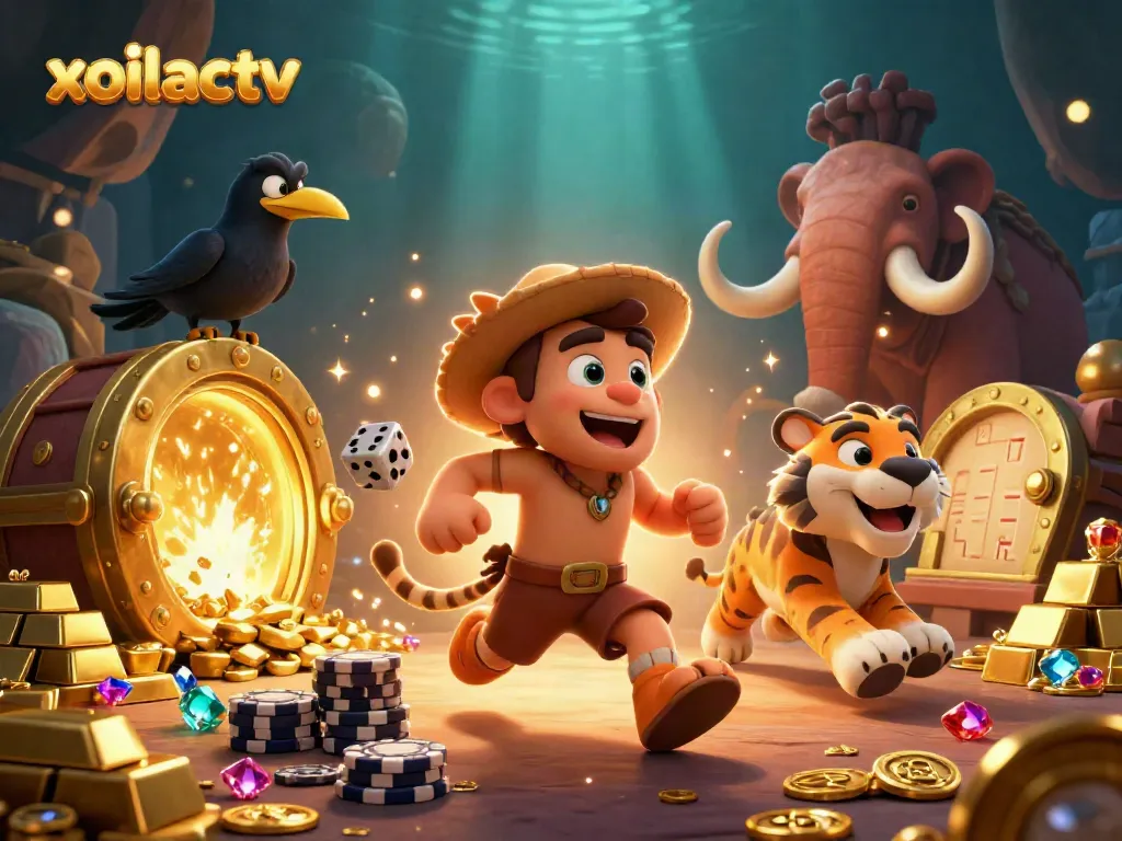 Xoilactv's dynamic prehistoric casino scene with a caveman, sabertooth tiger, and clever crow, showcasing rich treasures.