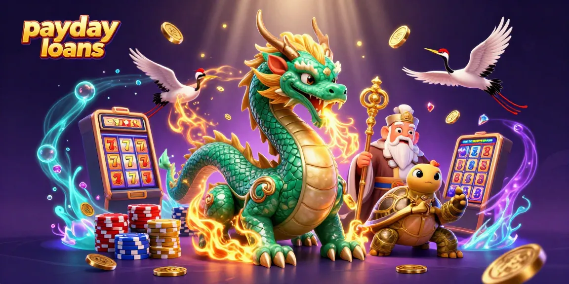 Experience payday loans with a vibrant 3D scene featuring dragons and slot machines.