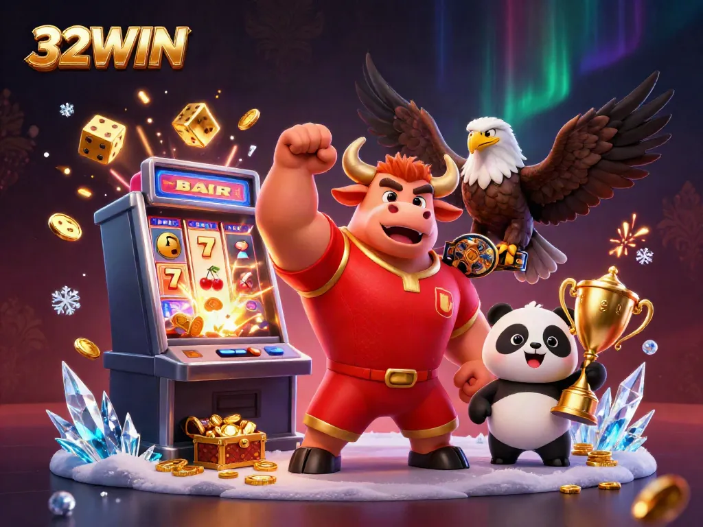 Spin and win at 32WIN with a vibrant casino scene showcasing characters celebrating a jackpot.