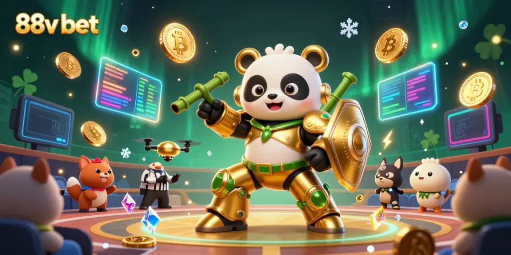 Engage with 88v bet in a vibrant 3D digital casino arena featuring a golden panda mech-suit.