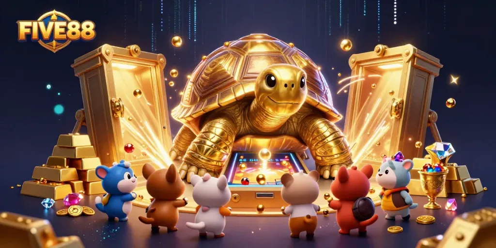 Engage with the exciting world of FIVE88, featuring a colossal golden tortoise as a pinball machine in a vibrant casino atmosphere.