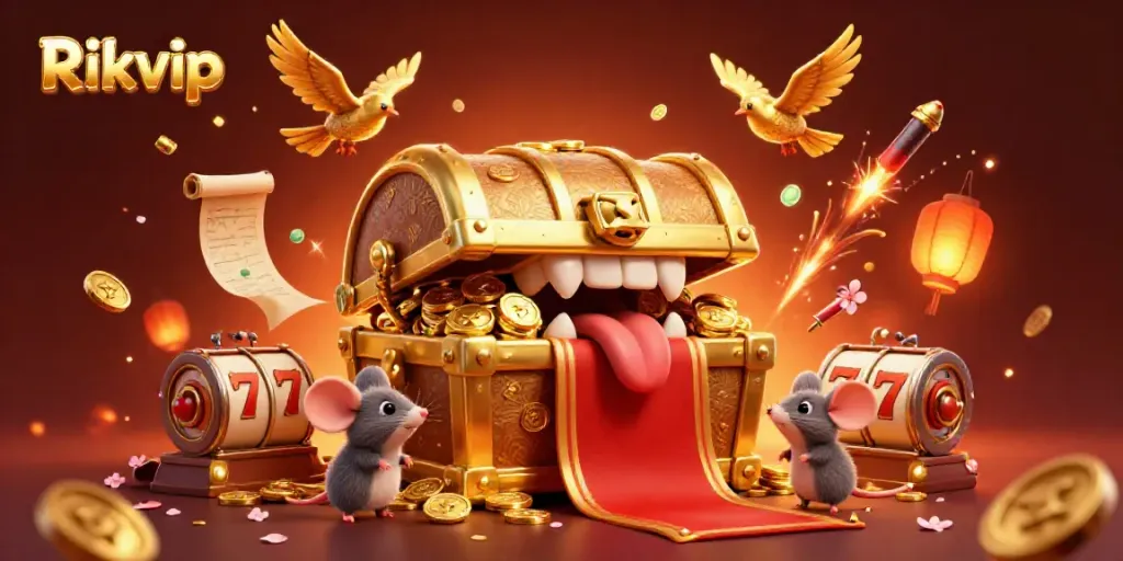 Engage in thrilling Rikvip slot adventures with treasure chests, vibrant lanterns, and dynamic game elements.