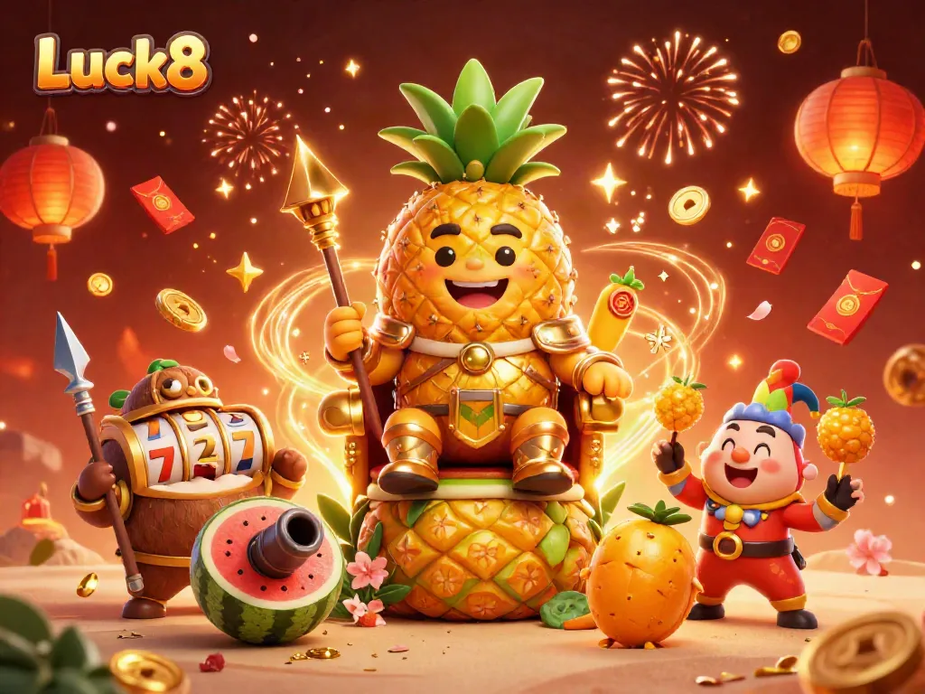 Experience the vibrant casino world of Luck8 with a golden pineapple king, gaming elements, and festive details.