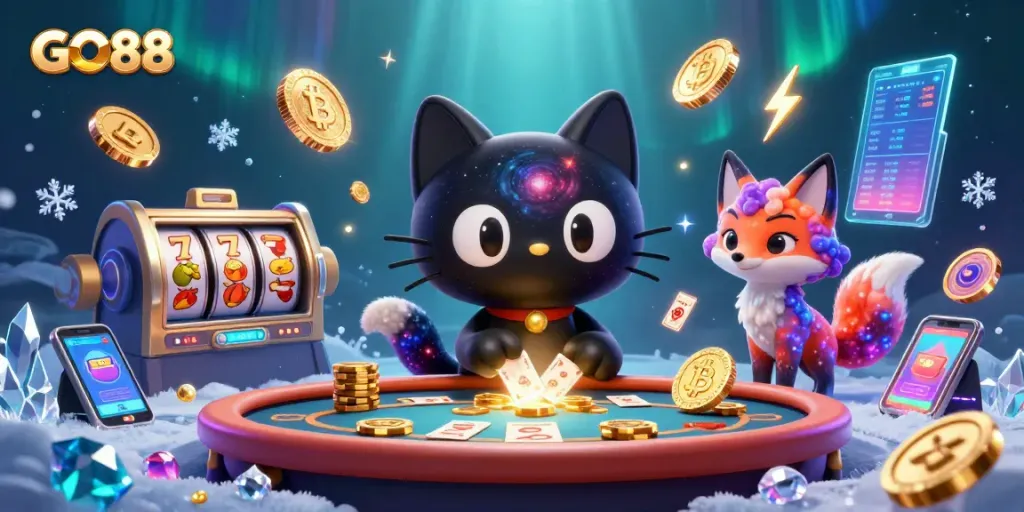 Experience GO88's vibrant casino atmosphere with a cartoon black hole cat drawing in golden chips.