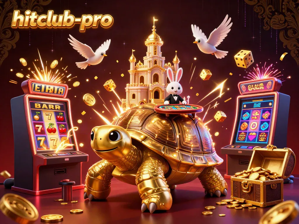 Play thrilling games at hitclub-pro with a vibrant casino scene featuring a golden tortoise and rabbit dealer.
