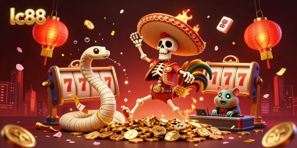 Experience the vibrant atmosphere of lc88 with a dynamic 3D illustration showcasing lively casino characters amidst golden coins and gaming elements.
