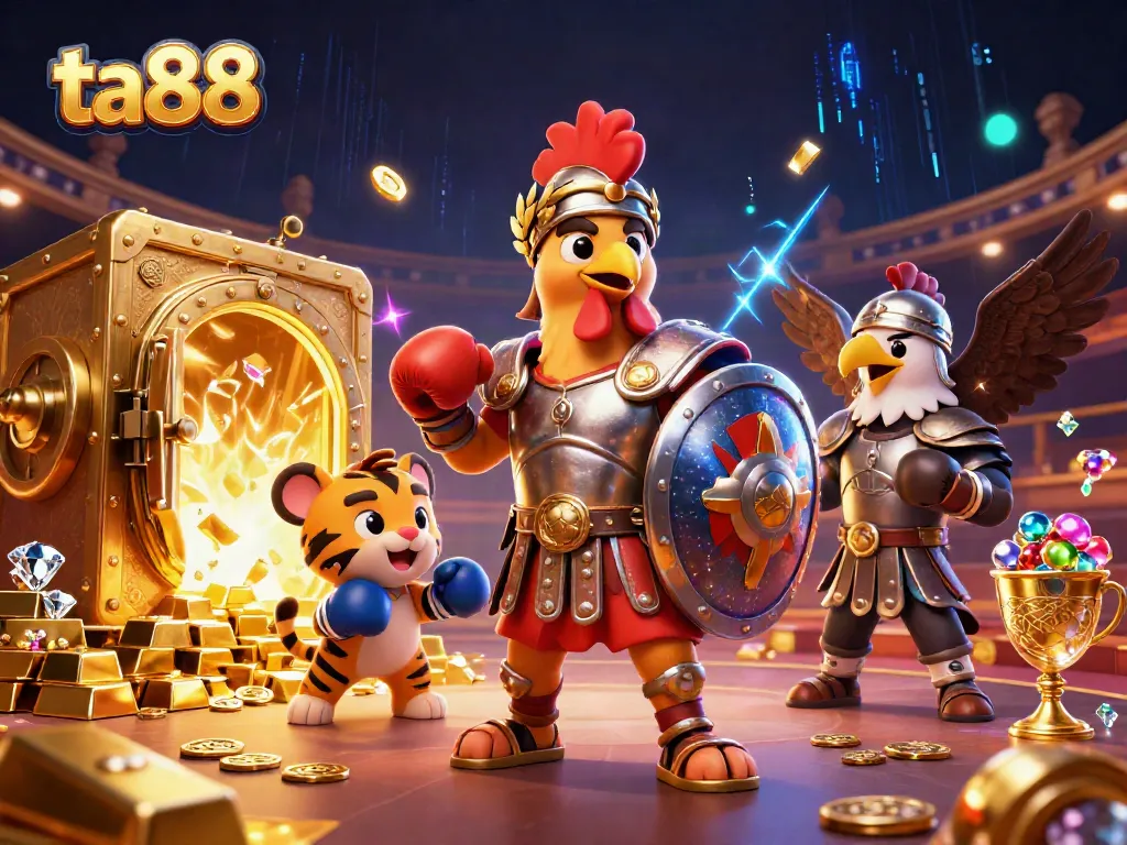 Engage in thrilling ta88 gaming adventures with dynamic 3D characters in a casino arena.