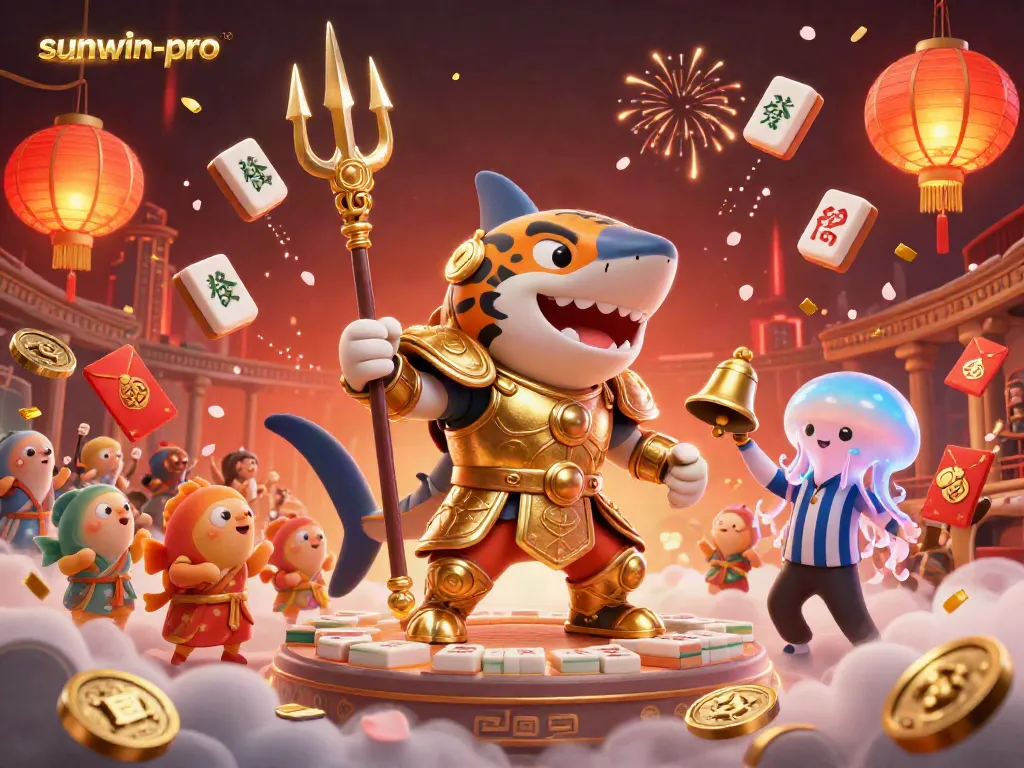 Engage with the exhilarating world of sunwin-pro, featuring a tiger shark gladiator in a vibrant underwater colosseum.